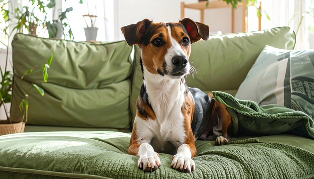 A relaxed brown, black, and white dog reclines on a green sofa, looking to the right with alertness. Natural light streams in