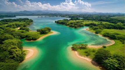 Fototapeta premium Serene Aerial View of Turquoise River Bending Through Green Landscape