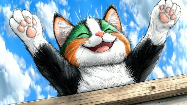 Playful cat enjoying sunshine outdoor setting digital art bright sky cheerful perspective whimsical concept