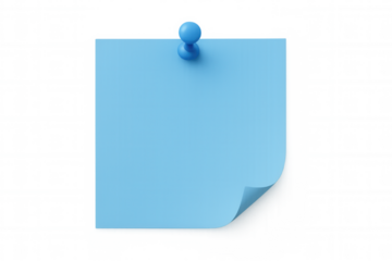 Blank light blue sticky note is attached to a transparent background by a blue push pin, ready for your message