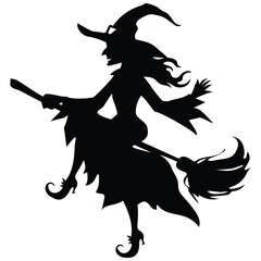 Halloween flying witch  silhouette vector cartoon illustration
