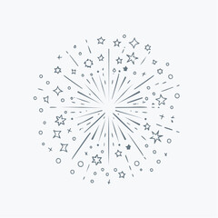 Minimalist starburst explodes with radiating lines and celestial shapes against a clean white backdrop, symbolizing celebration and festive cheer.