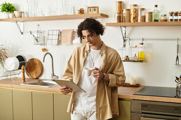 Young man enjoying a morning routine while reading on a tablet in a modern kitchen