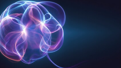 A dynamic abstract design featuring swirling, luminous lines in a gradient of blue and pink, creating a captivating visual effect against a dark backdrop.