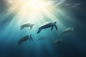 Obraz premium Ocean journey of sea turtles under sunlit waters