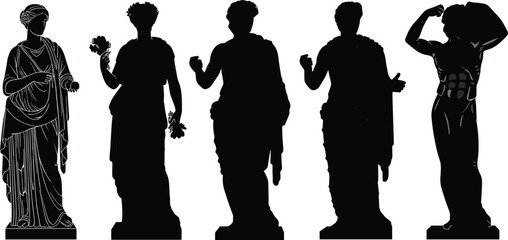 Classical Greco Roman statues silhouettes in artistic row, ancient sculpture figures with detailed and shadowed forms for historical art design