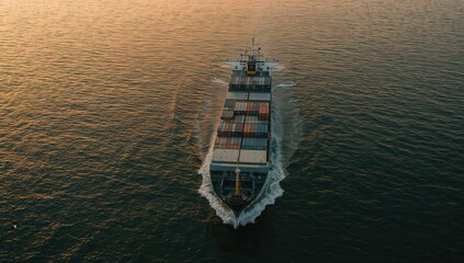 A cargo ship navigating through tranquil waters at sunset, creating ripples in the glimmering surface