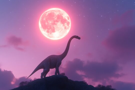 Surreal brachiosaur under full moon in dreamy landscape