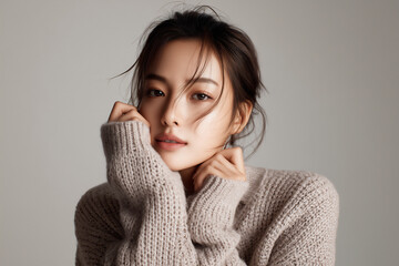 니트를 입고 웃는 여성 모델