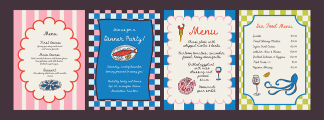 Whimsical hand drawn sea food poster and menu template in trendy whimsical style. Perfect doodle for quirky italian dinner  restaurant and cafe, kitchen wall art, poster,  party, birthday, sign