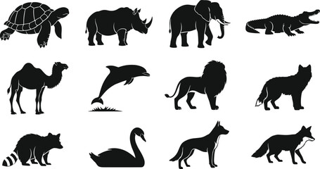 Black Silhouette Animal Icons Collection Featuring Turtle, Rhinoceros, Elephant, Crocodile, Camel, Dolphin, Lion, Wolf, Raccoon, Swan, Dog, Fox