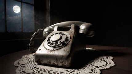 Spooky vintage rotary phone by moonlight on a dark Halloween night