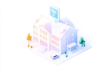 Futuristic smart home with wireless connectivity in minimalist isometric style