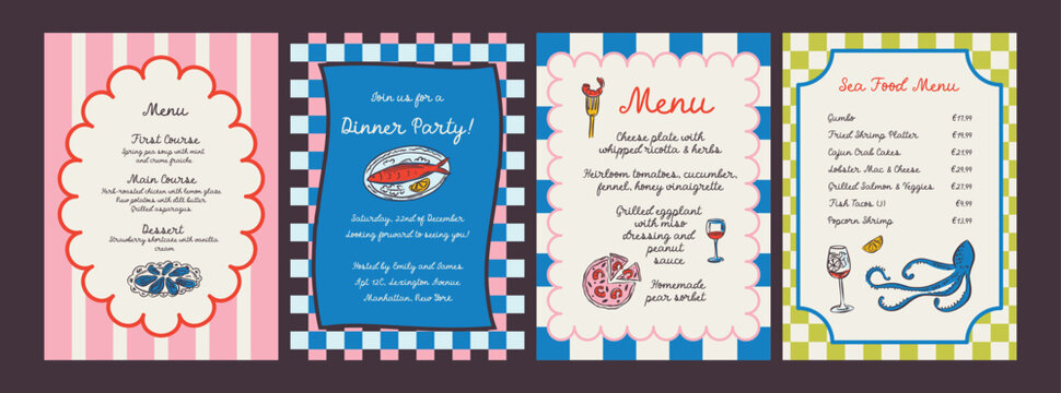 Whimsical hand drawn sea food poster and menu template in trendy whimsical style. Perfect doodle for quirky italian dinner  restaurant and cafe, kitchen wall art, poster,  party, birthday, sign