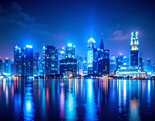 Fototapeta premium ultra realistic neon blue city night bokeh overlay, blurred reflections