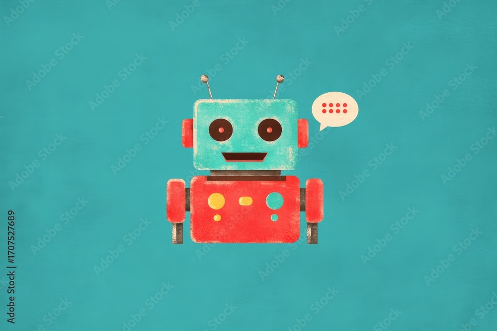Poster retro ai chatbot icon with speech bubble on teal background for digital design
