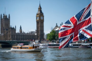 Union Jack Flag Waving Above Thames River in London with Big Ben and Houses of Parliament in Background During Sunny Day