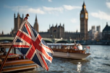 Union Jack Flag Waving in the Wind with Blurred Big Ben and Houses of Parliament in Background on a Sunny Day in London England