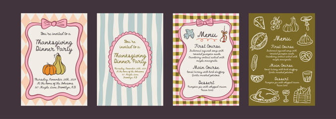 Whimsical hand-drawn Thanksgiving poster template with pumpkins, turkey, pie, and autumn leaves. Doodle-style illustration perfect for holiday menus, cards, or festive invitations.