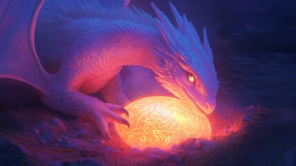 Mystical scene of a young dragon hatching from a glowing egg