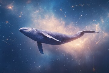 Fototapeta premium Surreal majestic whale in cosmic ocean with constellations - fantasy art for imagination and wonder