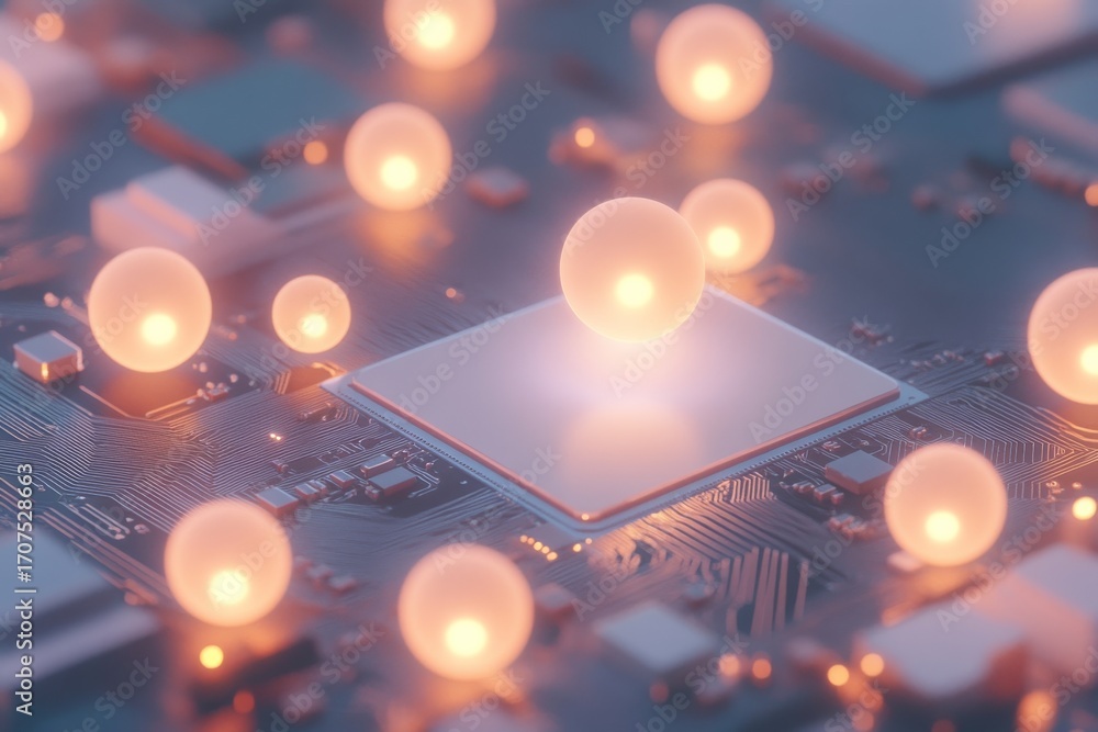 Poster abstract visualization of ai ethics with glowing spheres on circuit board for technology design