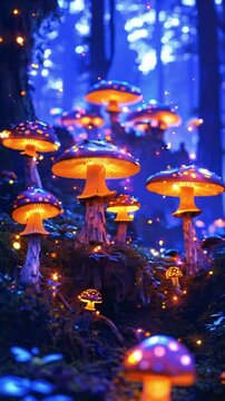 A magical, glowing mushroom forest at night..