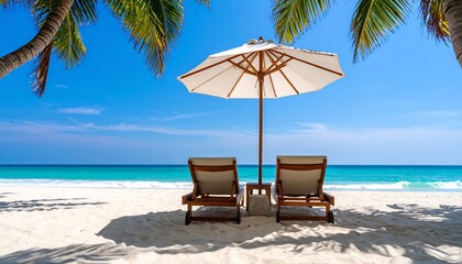 Tropical beach scene with umbrella and chairs