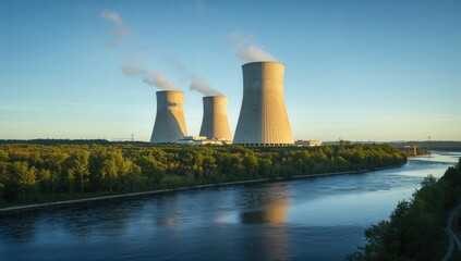 Cooling towers emitting steam near a tranquil river under clear blue skies