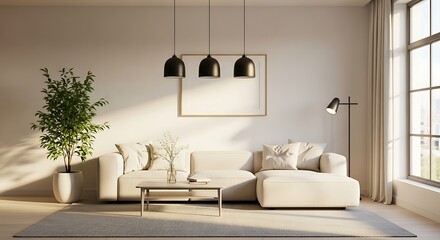 Modern Living Room with Soft Cream Sofa Black Pendant Lights and Lush Green Plant in Sunlight Home Interior Serenity and