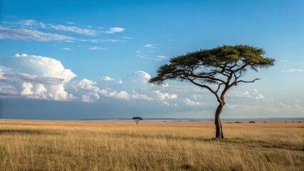 Fototapeta premium African Savanna's Solitude: A lone acacia tree stands sentinel in the vast African savanna, basking under a vibrant blue sky dotted with puffy clouds.