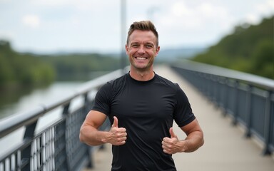 Portrait of smiling sportsman standing on a bridge during a break and giving thumbs up at the camera. High quality