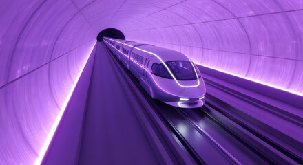 Fototapeta premium Futuristic high-speed train in purple tunnel travels fast.
