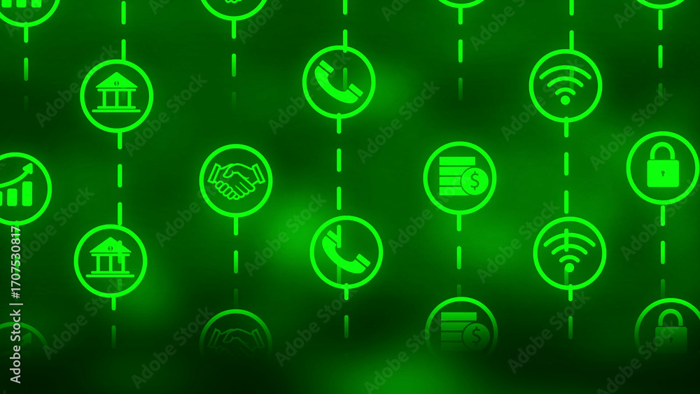Poster digital network of financial and communication icons on a green gradient background finance technolo