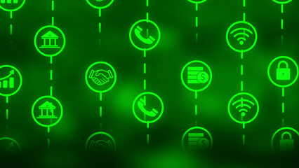 Digital Network of Financial and Communication Icons on a Green Gradient Background finance technology