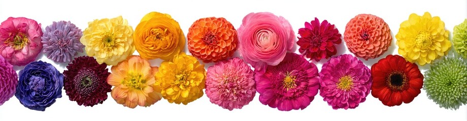 Vibrant Rainbow Row of Colorful Flowers on White Background