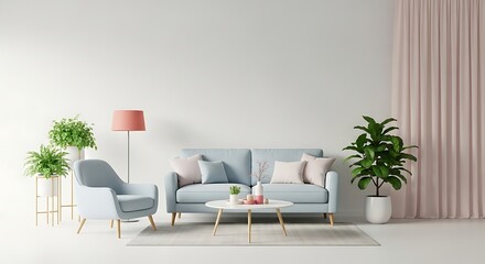 Fototapeta premium Pastel Living Room Soft blues and pinks create a serene and inviting space with plants bringing life and freshness into