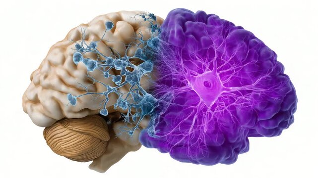 A brain with a blue blob in the middle. Medical illustration of Alzheimer&rsquo;s brain degeneration with cortical shrinkage and neuron loss, rotten clean educational