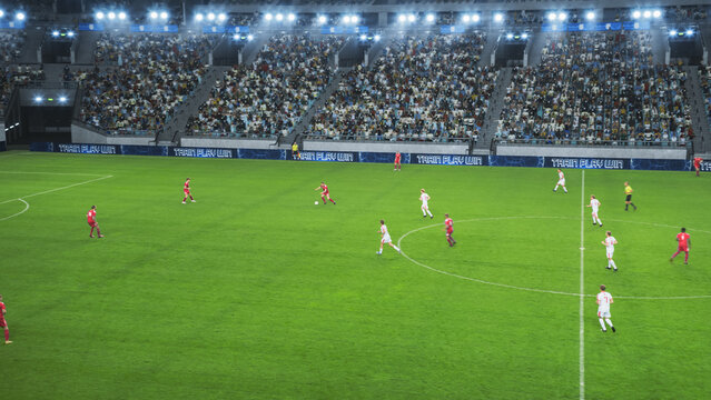 Soccer Football Championship Gameplay: Red and White Teams Players Play a Tournament Game. Sport Channel Live Television Broadcast. Photo Template for Screen Replacement