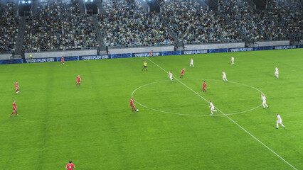 Soccer Football Championship Gameplay: Red and White Teams Players Play a Tournament Game. Sport Channel Live Television Broadcast. Photo Template for Screen Replacement
