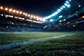 Vibrant Soccer Field with Crowd and Floodlights at Night Stadium Background in Low Angle Perspective Lush Green Grass and Dynamic White Lines