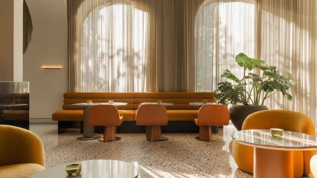 Lounge with filtered golden light over terrazzo flooring, boucle chairs and minimalist decor