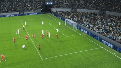 Fototapeten Fußball Soccer Football Championship Gameplay: Red and White Teams Players Play a Tournament Game. Sport Channel Live Television Broadcast. Photo Template for Screen Replacement  © Gorodenkoff
