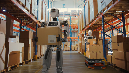 Humanoid Robot Carrying a Cardboard Box while Walking Through a Large Logistics Warehouse with Other Autonomous Robots. Futuristic Workplace with Automation and AI-Powered Work Equipment