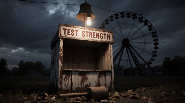 Abandoned carnival strength test game at a spooky amusement park