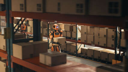 Humanoid Robot Transports a Parcel in a Spacious Distribution Hub with Modern Supply Chain Automation Solutions. Cinematic Follow Shot Through Shelves with Cardboard Boxes
