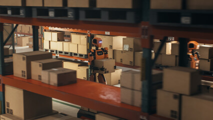 Humanoid Robot Transports a Parcel in a Spacious Distribution Hub with Modern Supply Chain Automation Solutions. Cinematic Follow Shot Through Shelves with Cardboard Boxes