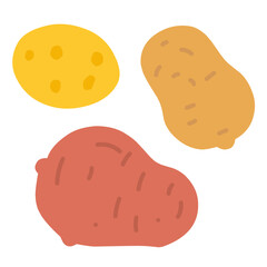 An illustration of three different types of potato in a simple flat design. Ideal for food, agriculture, or healthy eating themed projects.
