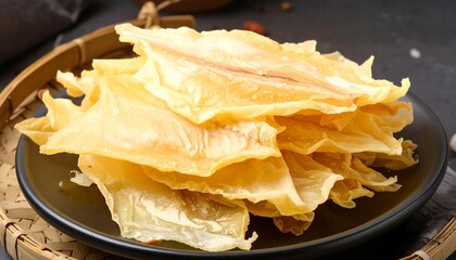 Dried fish slices stacked on dark plate, light golden yellow color