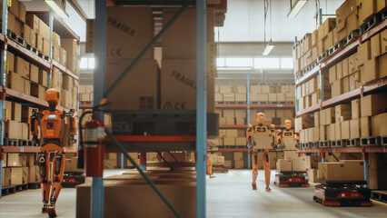 Futuristic Humanoid Robot Transports a Cardboard Package in a Distribution Center with Stacked Automated Pallets and Shelves with Boxes. Advanced Warehouse with AI Robotics